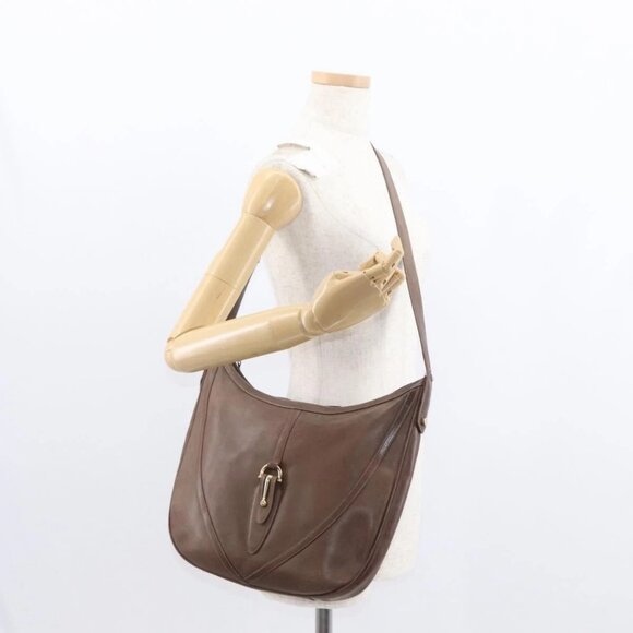 GUCCI Shoulder Bag Leather Brown Gold Auth